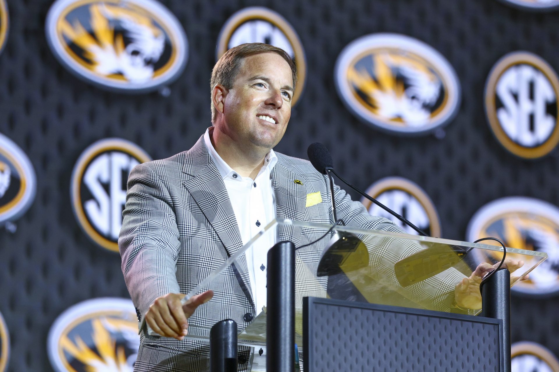 Missouri Tigers head coach Eliah Drinkwitz speaks to the press during SEC Football Kickoff Media Day at the Tampa Marriott.