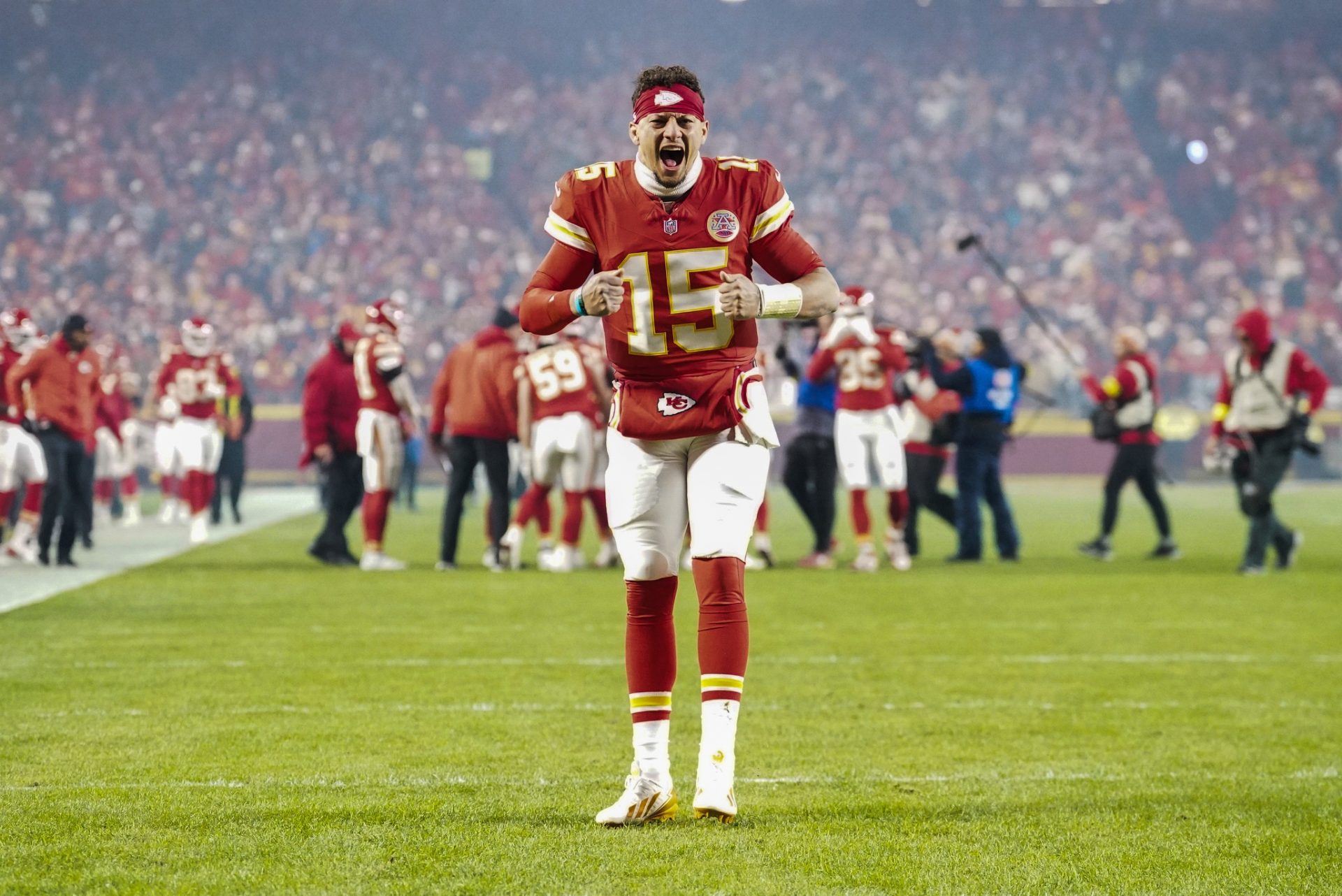 Kansas City Chiefs quarterback Patrick Mahomes (15) yells prior to the game against the Houston Texans at GEHA Field at Arrowhead Stadium.