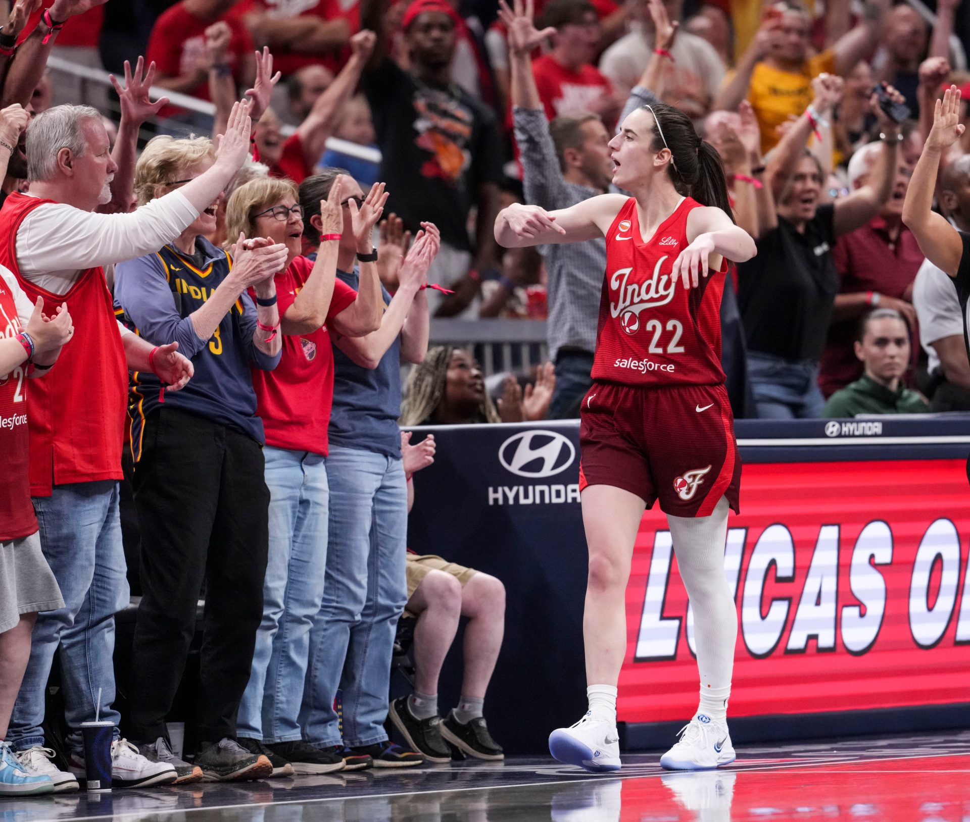 Indiana Fever guard Caitlin Clark (22) celebrates a 3-pointer Friday, July 17, 2026, during the second half of a game at Gainbridge Fieldhouse in Indianapolis. The Indiana Fever defeated the Seattle Storm, 110-107. Credit: Imagn