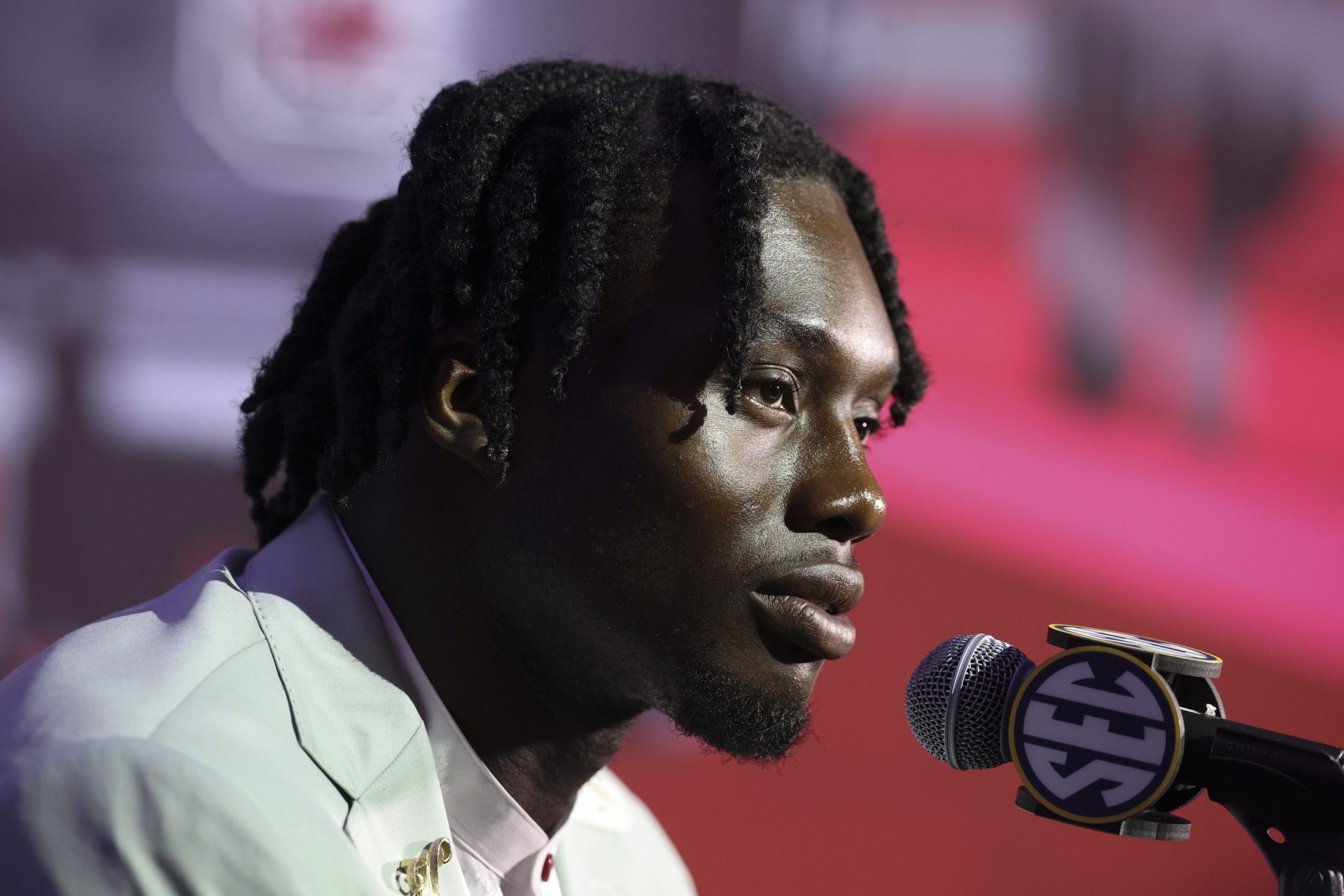 South Carolina Gamecocks wide receiver Nyck Harbor (8) speaks to the press during SEC Football Kickoff Media Day at the Tampa Marriott.