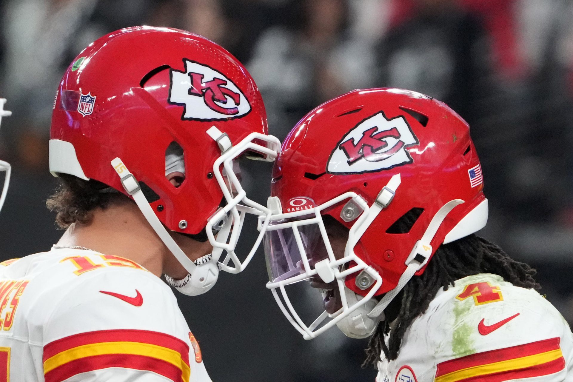 Kansas City Chiefs wide receiver Rashee Rice (4) celebrates with quarterback Patrick Mahomes (15) after a touchdown against the Las Vegas Raiders in the second half at Allegiant Stadium. 
Source: Imagn
