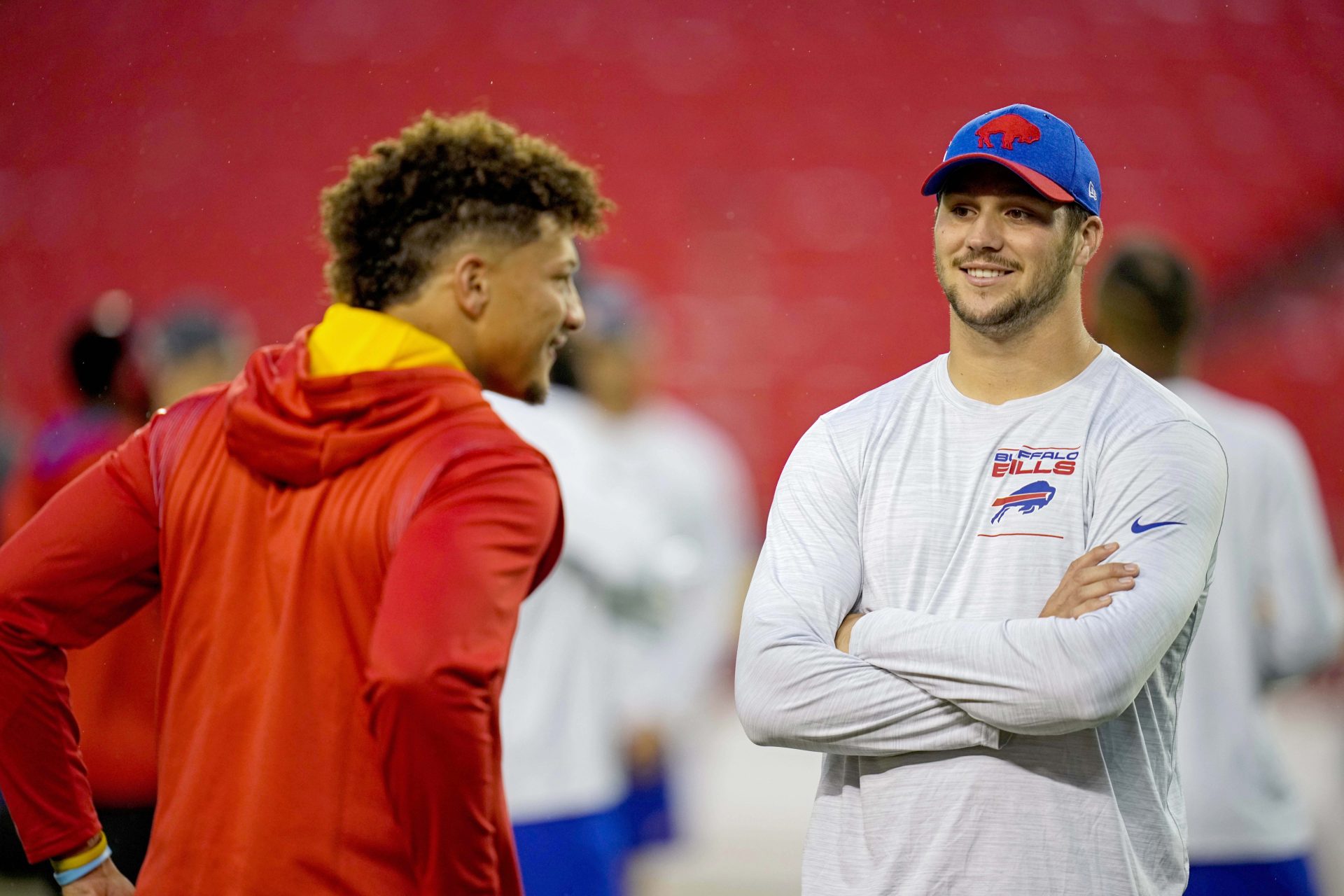Buffalo Bills quarterback Josh Allen talks with Kansas City Chiefs quarterback Patrick Mahomes.
Source: Jay Biggerstaff-USA TODAY Sports