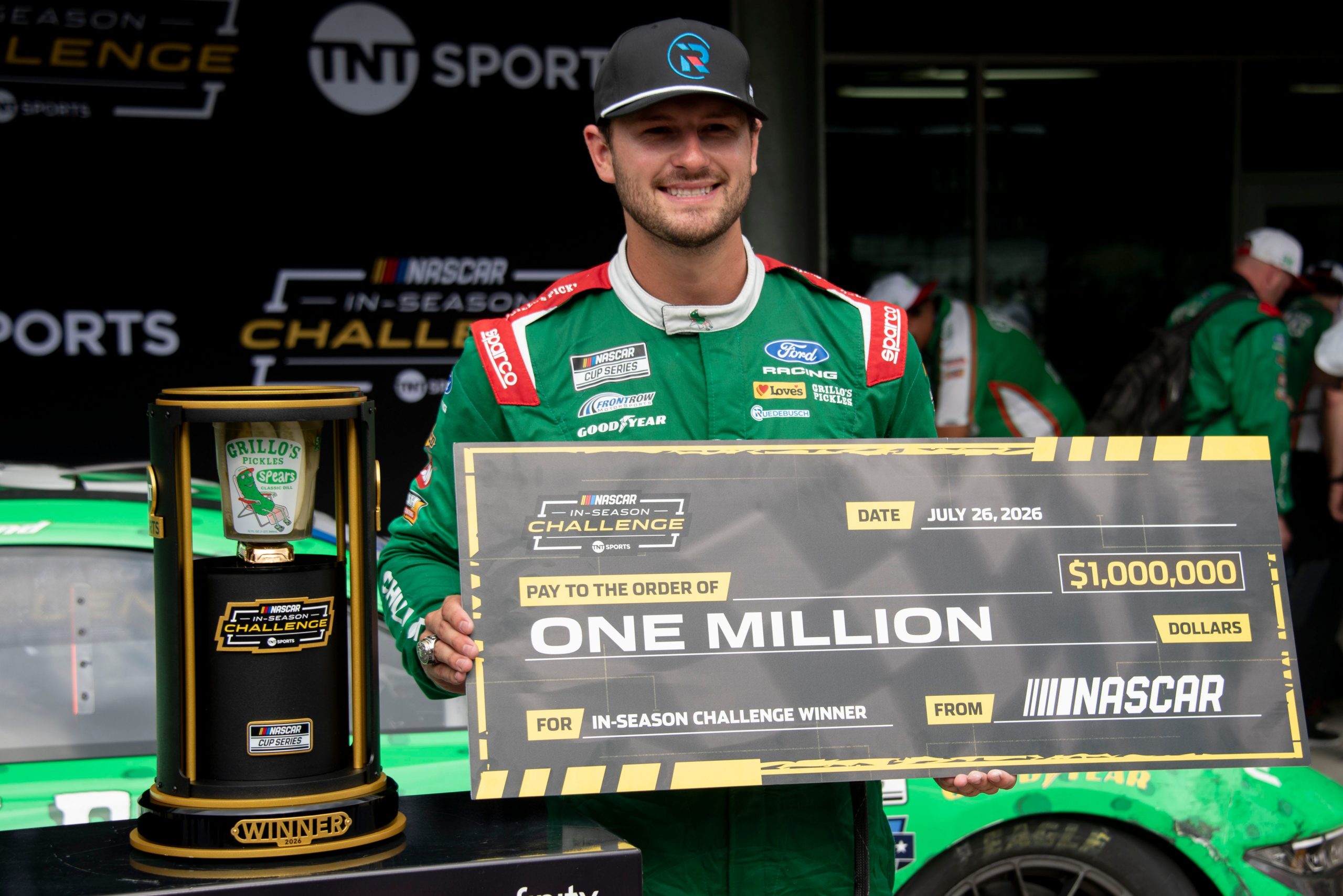 NASCAR Cup Series driver Todd Gilliland (34) celebrates after winning the in-season challenge and taking home $1 million dollars Sunday, July 26, 2026, during the Brickyard 400 at Indianapolis Motor Speedway.