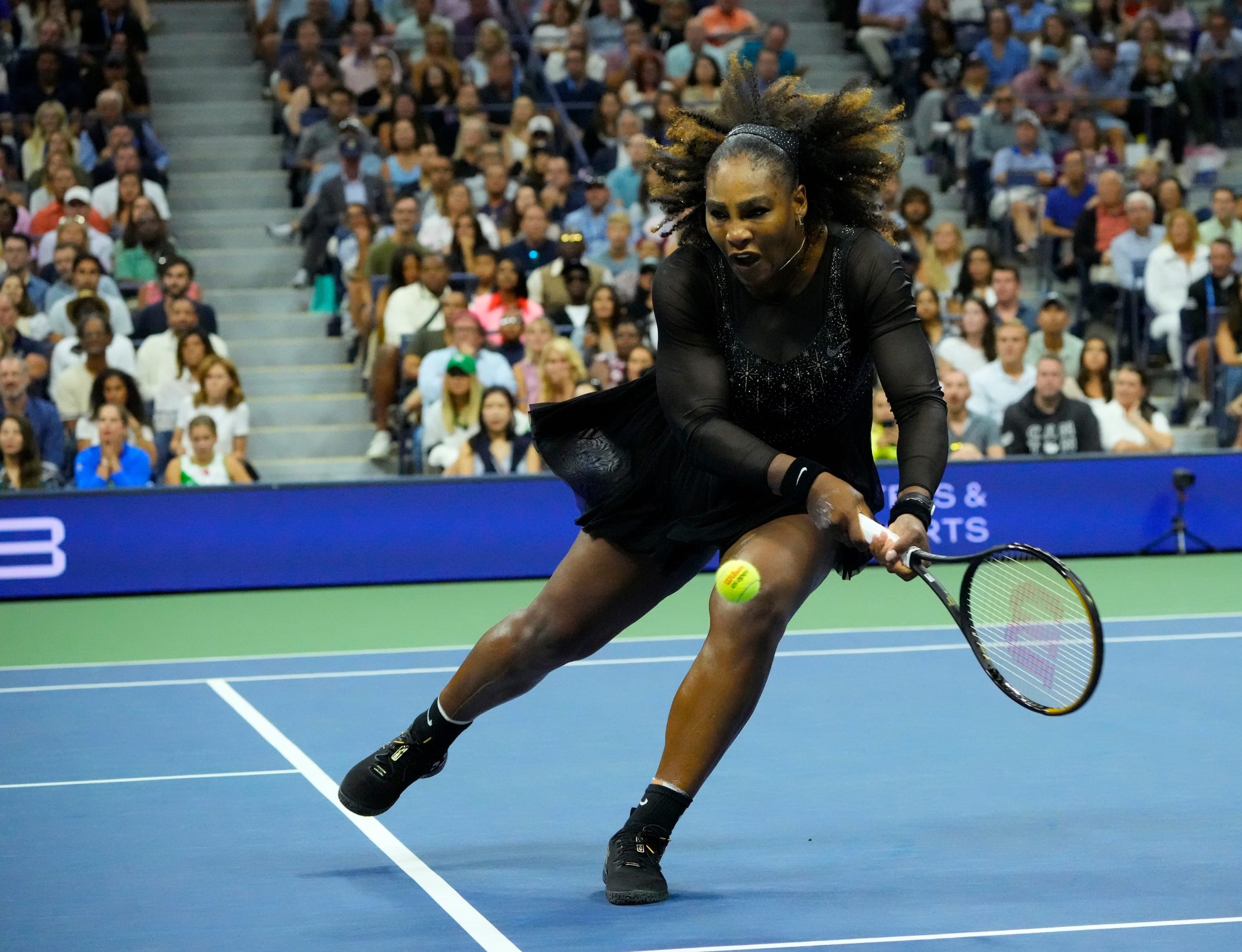Serena Williams of the USA hits to Ajla Tomljanovic of Australia on day five of the 2022 U.S. Open tennis tournament at USTA Billie Jean King National Tennis Center.