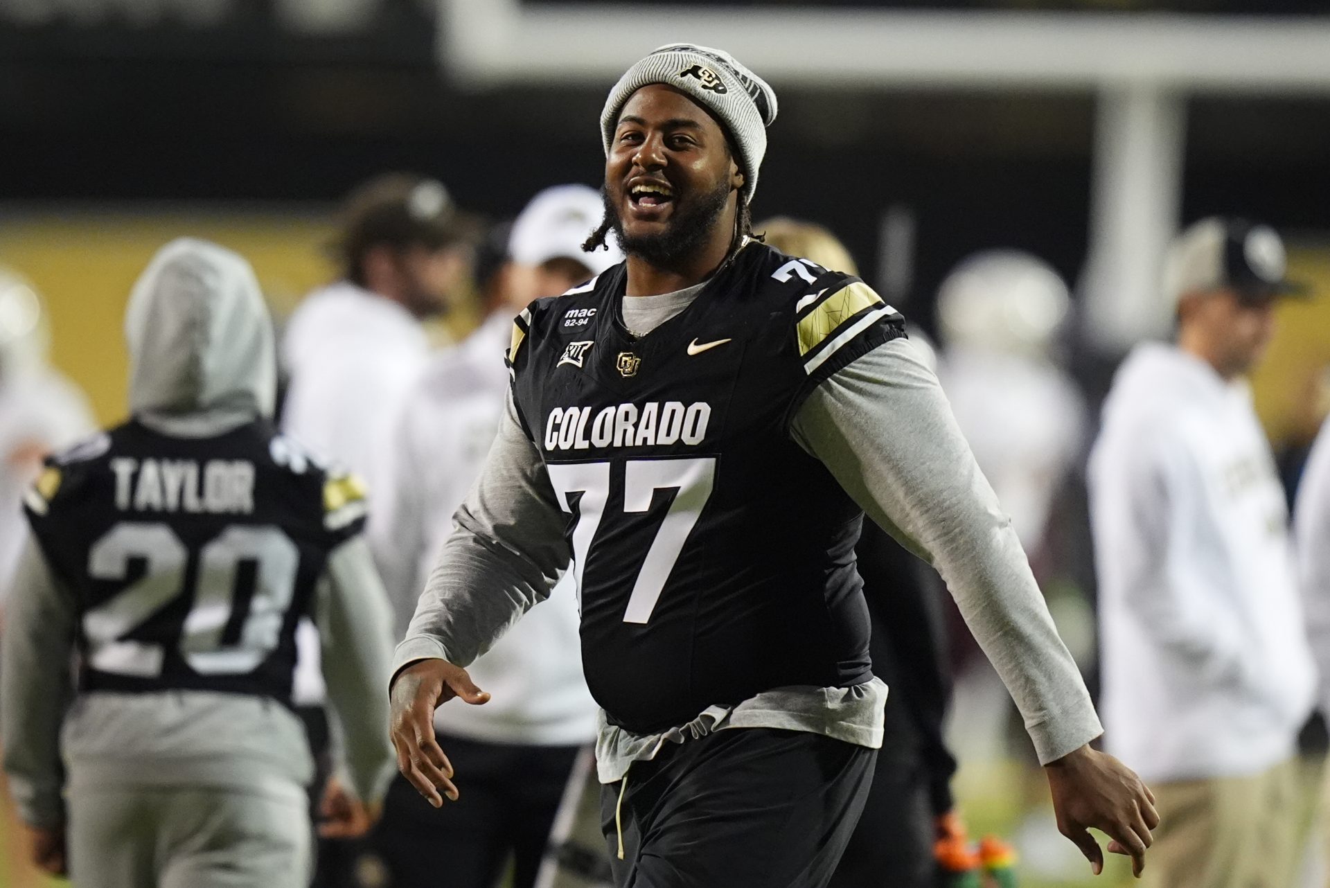 Colorado Buffaloes offensive lineman Jordan Seaton (77) before the game against the Arizona State Sun Devils at Folsom Field.