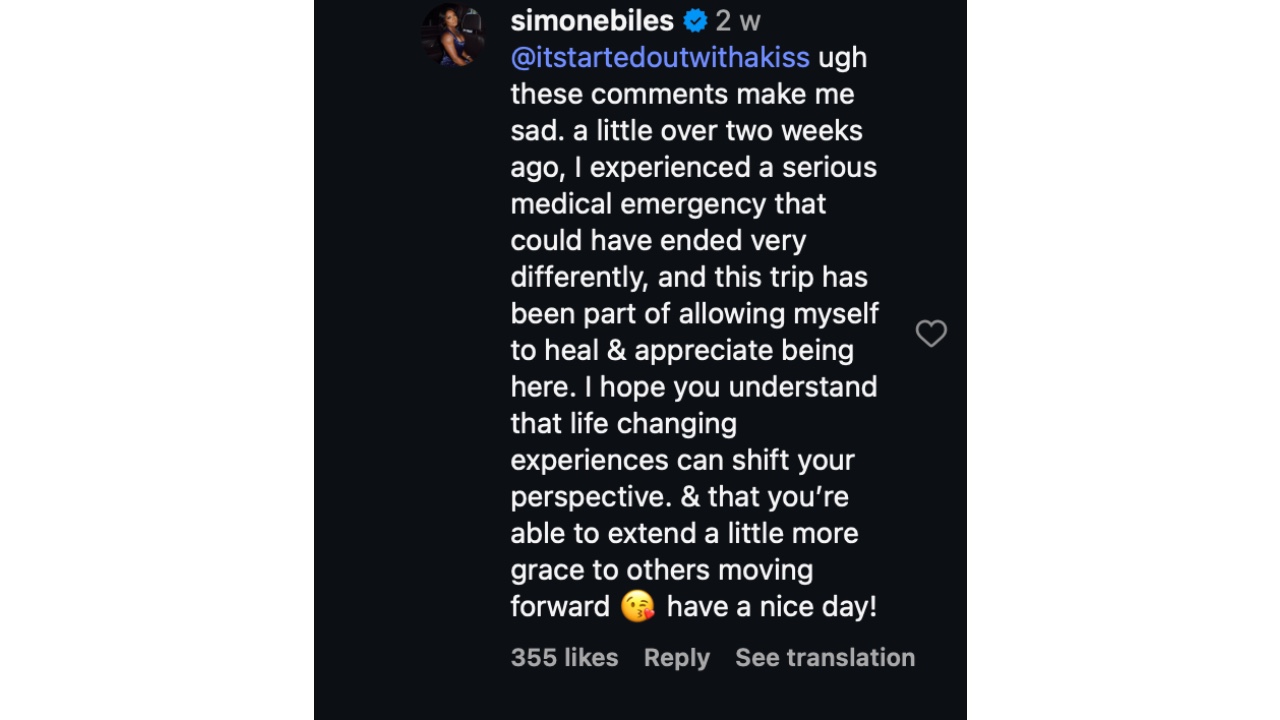 Biles' reply - (Image via Instagram/ @simonebiles)