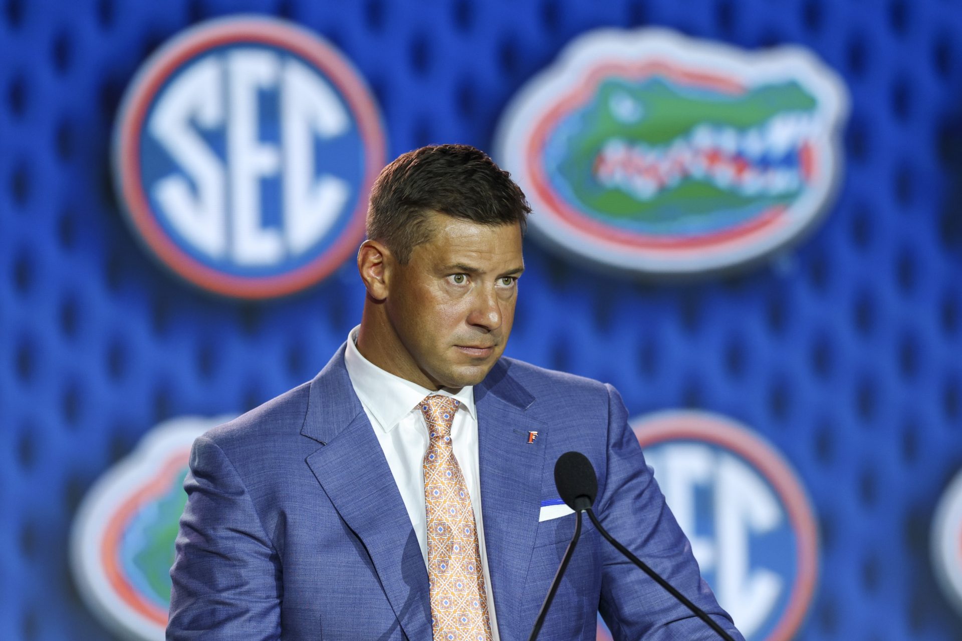 Florida Gators head coach Jon Sumrall speaks to the press during SEC Football Kickoff Media Day at the Tampa Marriott. Source: Imagn