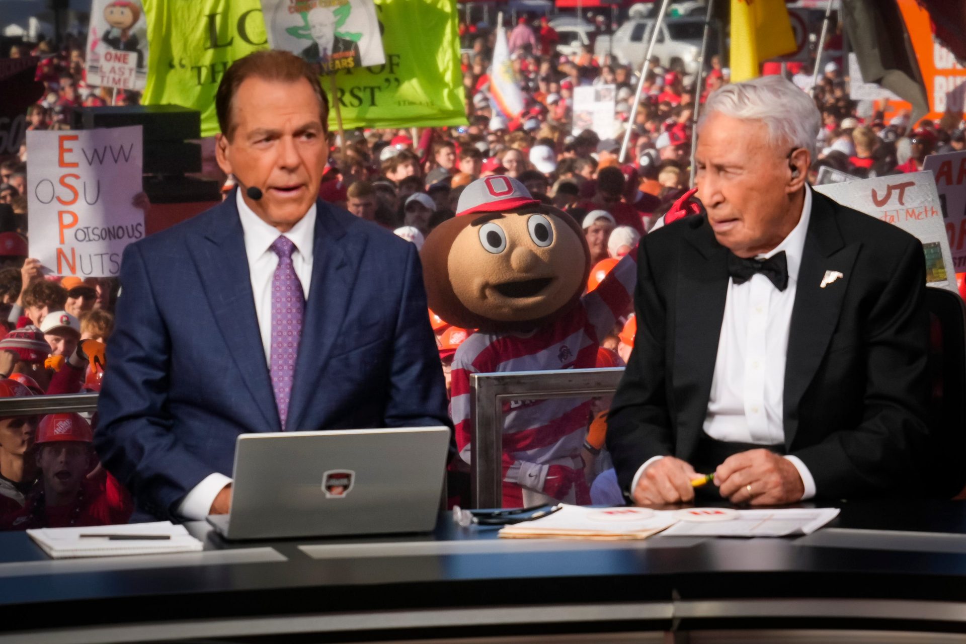 Brutus Buckeye stands in the crowd behind Lee Corso and Nick Saban on the set of ESPN College GameDay prior to the football game against Texas on Aug. 30, 2025. Credit: Imagn