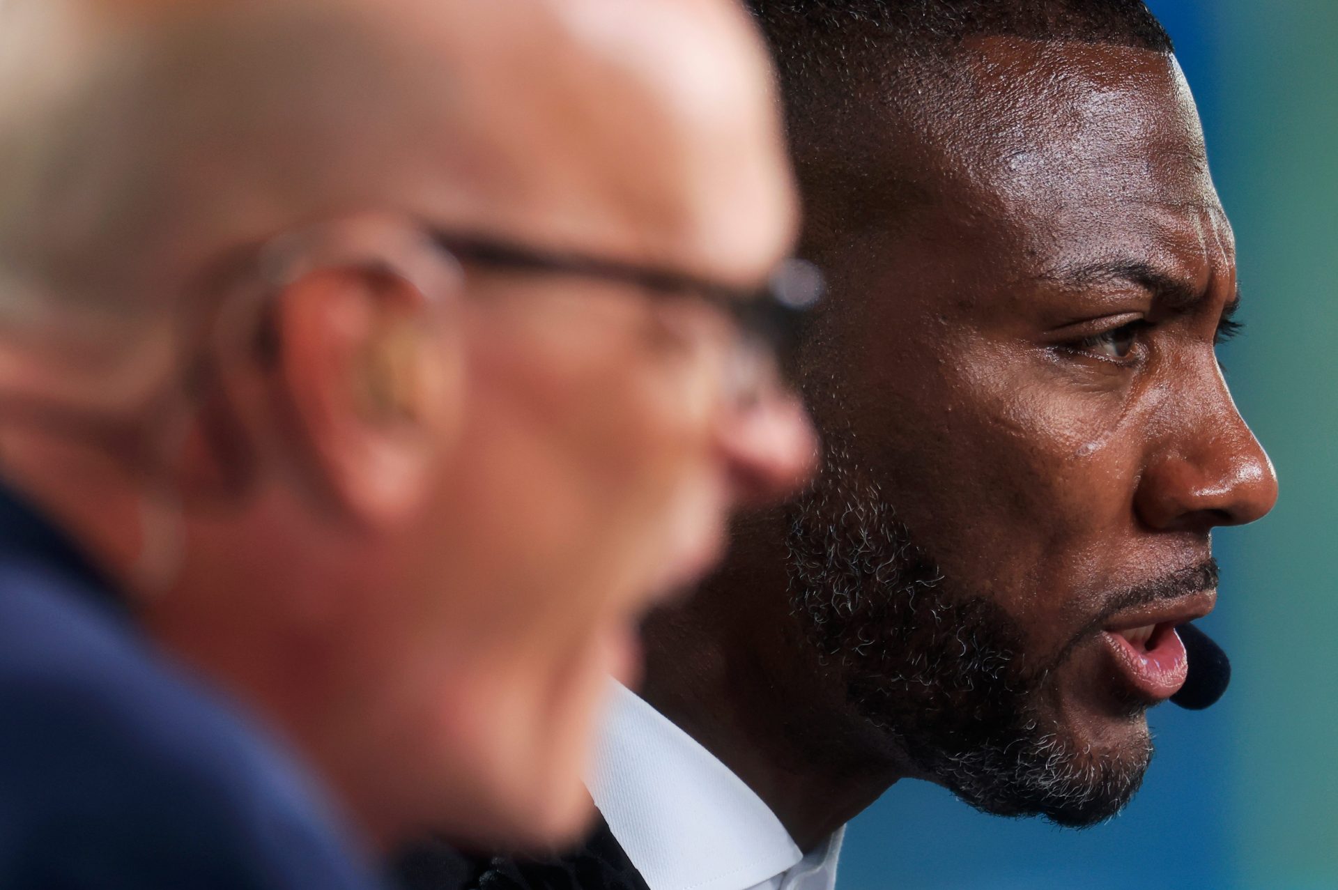Former football safety and ESPN analyst Ryan Clark speaks on-air before an NFL football matchup at EverBank Stadium, Monday, Oct. 6, 2025, in Jacksonville, Fla. The Jacksonville Jaguars edged the Kansas City Chiefs 31-28. [Corey Perrine/Florida Times-Union]