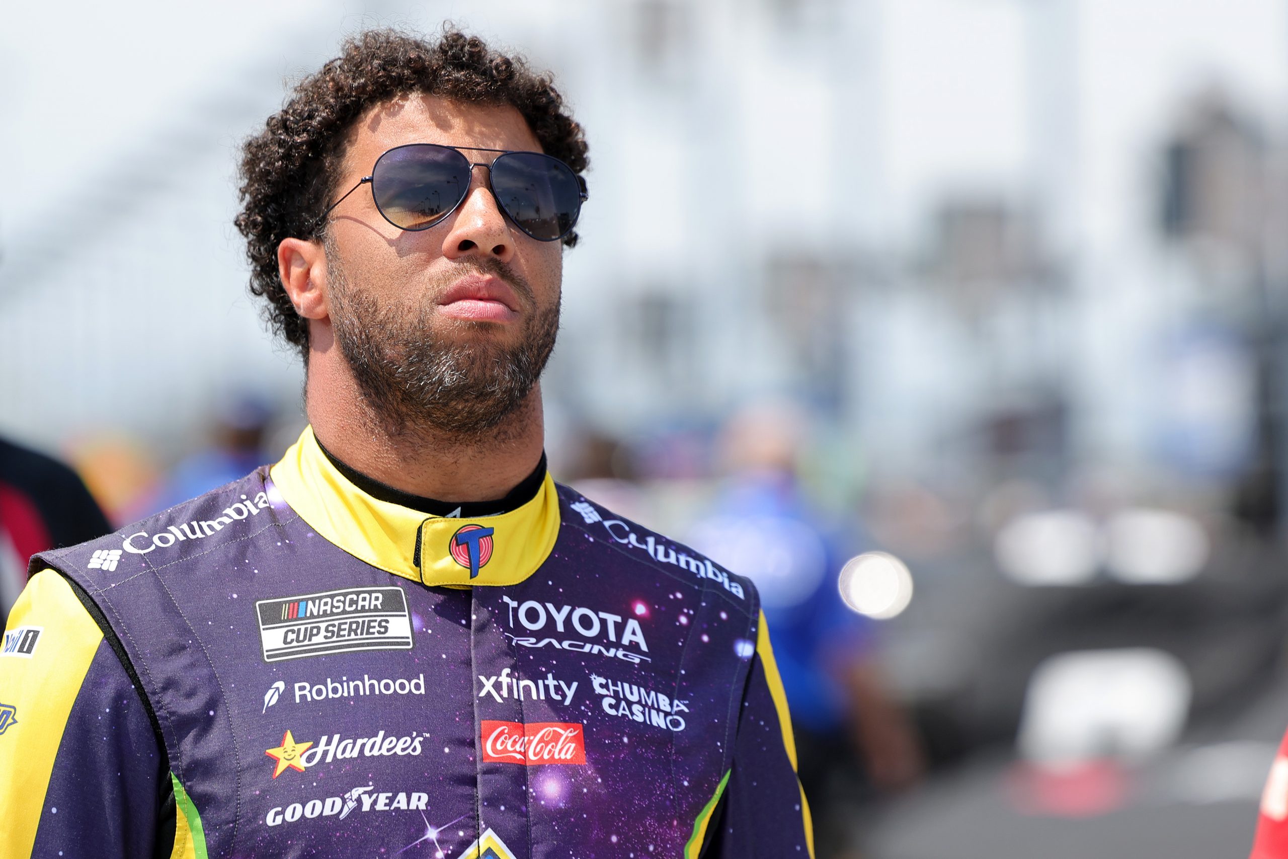 Jul 4, 2026; Joliet, Illinois, USA; NASCAR Cup Series driver Bubba Wallace (23) before qualifying for the eero 400 at Chicagoland Speedway. Mandatory Credit: Mike Dinovo-Imagn Images
