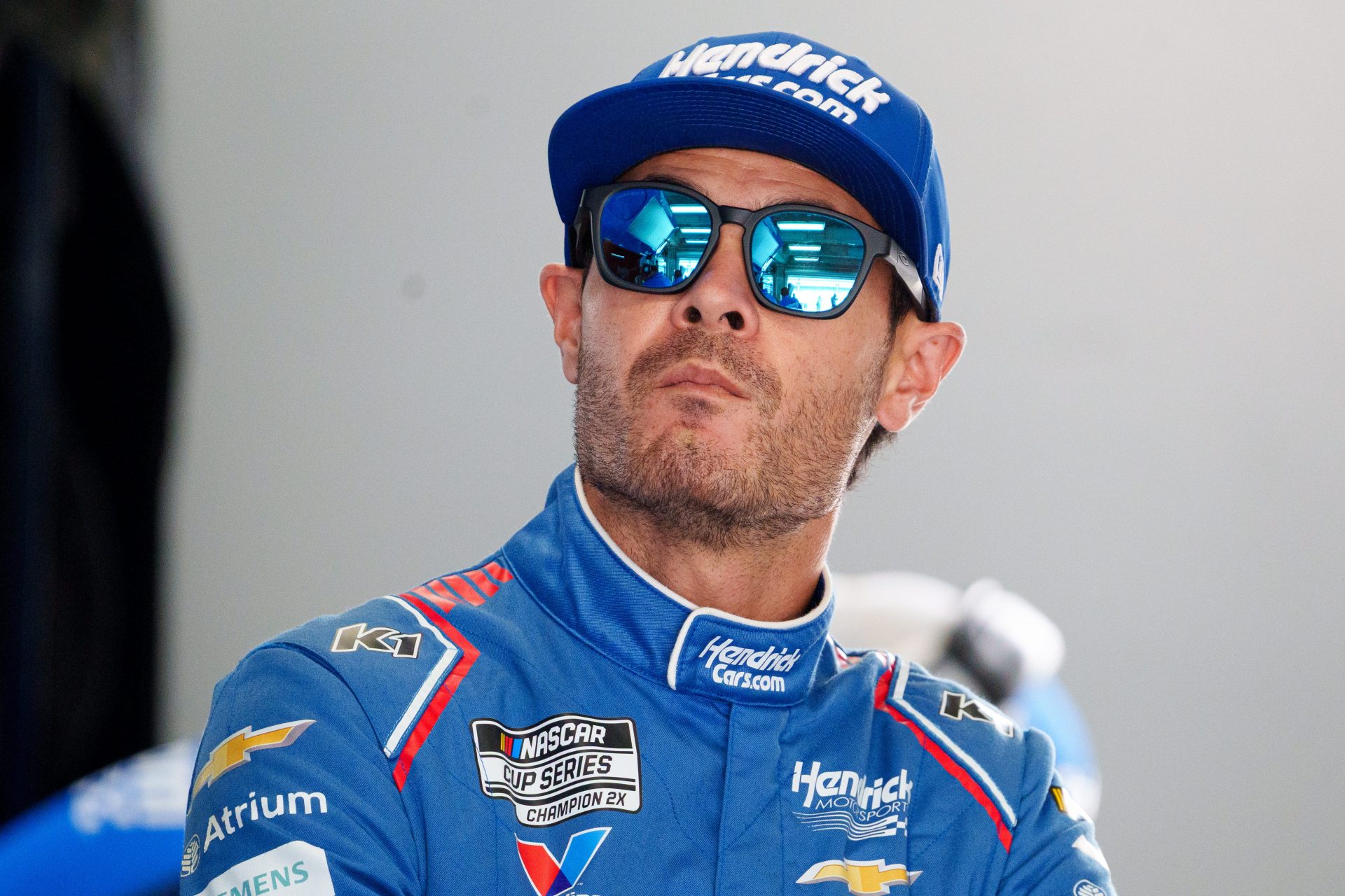 NASCAR Cup Series driver Kyle Larson looks on in his garage Friday, July 24, 2026, before practice for the Brickyard 400 at Indianapolis Motor Speedway.