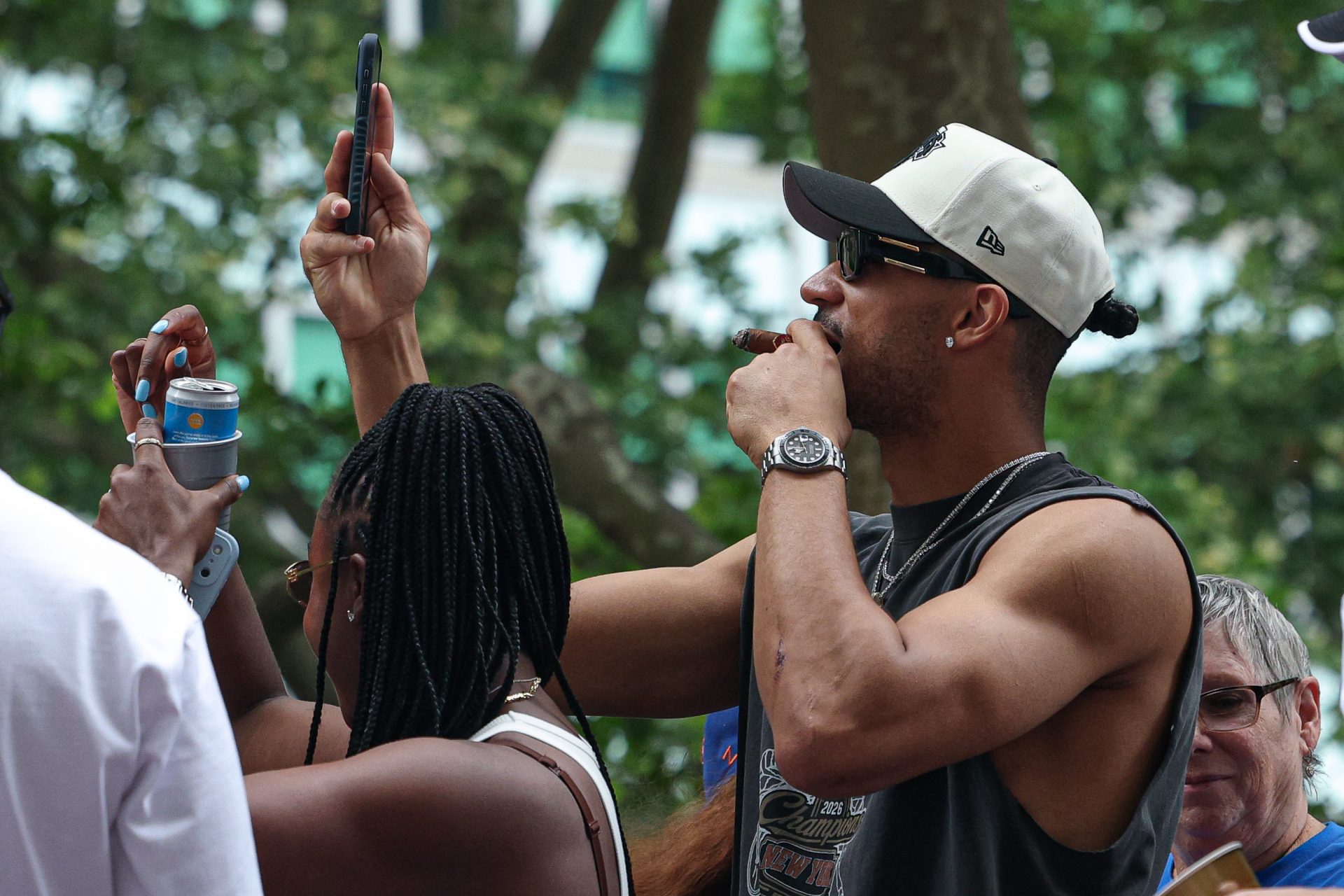 New York Knicks guard Josh Hart (3) celebrates during the Knicks championship ticker tape parade up the Canyon of Heroes in downtown Manhattan.