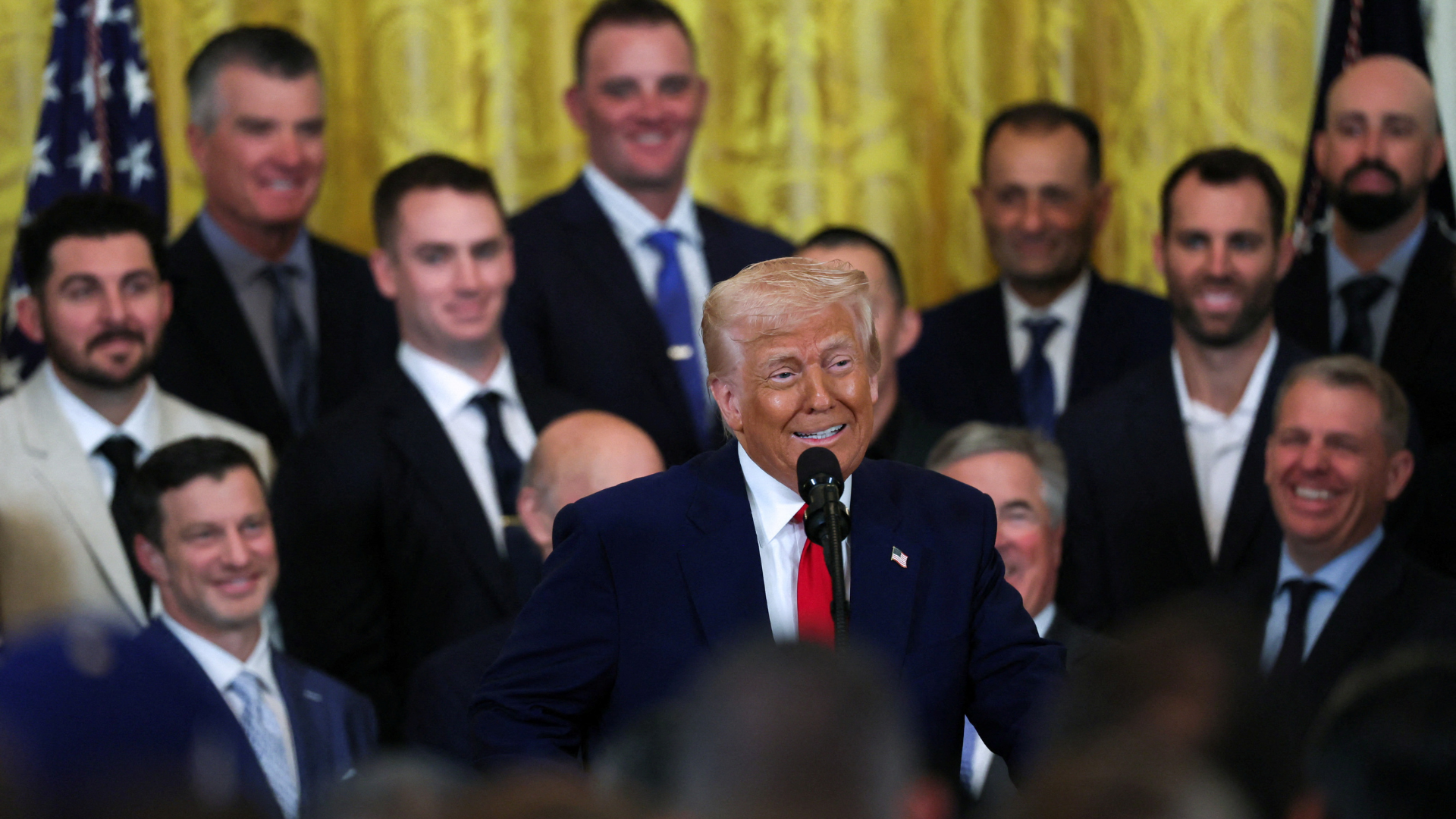 President Donald Trump speaks during a ceremony honoring the members of the 2024 World Series Champion Los Angeles Dodgers. Source: IMAGN
