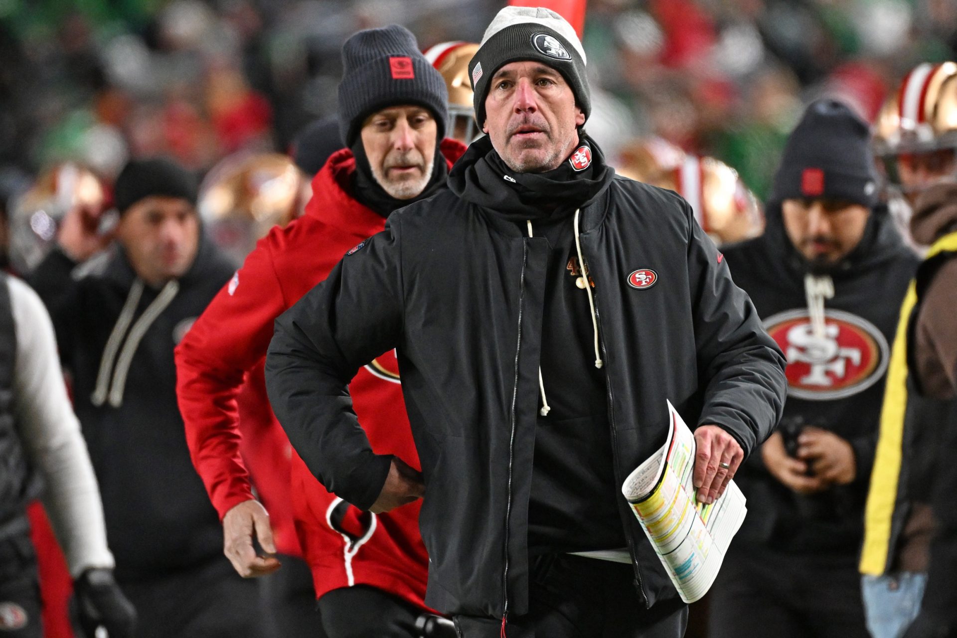 San Francisco 49ers head coach Kyle Shanahan against the Philadelphia Eagles in an NFC Wild Card Round game at Lincoln Financial Field.