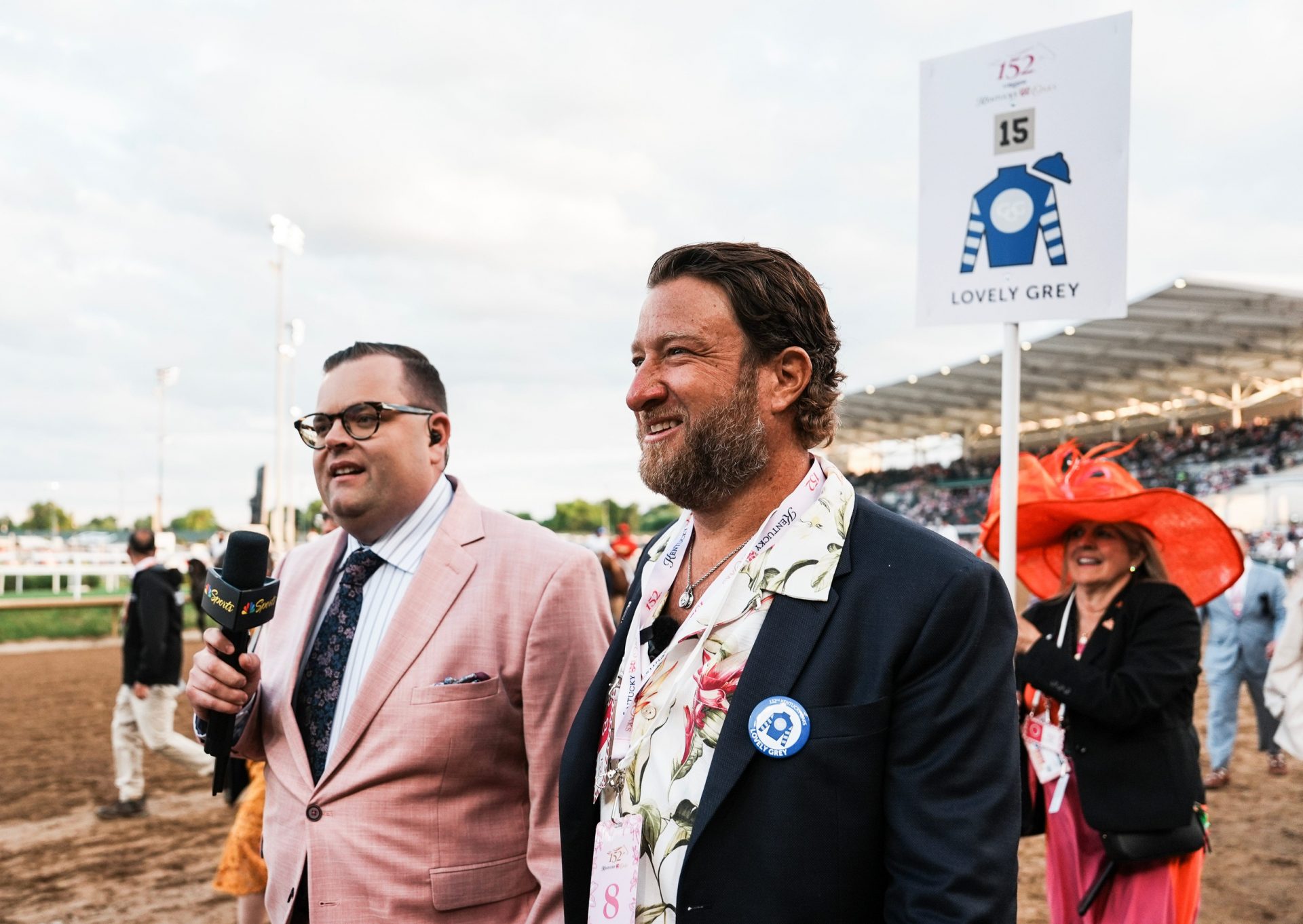 Barstool Sports founder Dave Portney leads the owner group of Kentucky Oaks horse Lovely Grey before the 2026 Kentucky Oaks race at Churchill Downs on Friday, May 1, 2026. Credit: Imagn